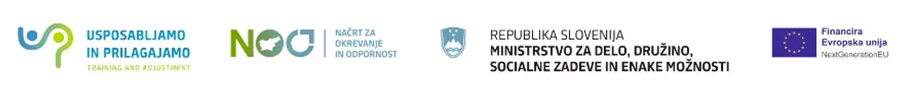 Usposabljamo in prilagajamo; Načrt za okrevanje in odpornost; Republika Slovenija, Ministrstvo za delo, družino, socialne zadeve in enake možnosti; Financira Evropska unija NextGenerationEU. Projekt Krepitev učinkovitosti in konkurenčnosti ZC Korenika.